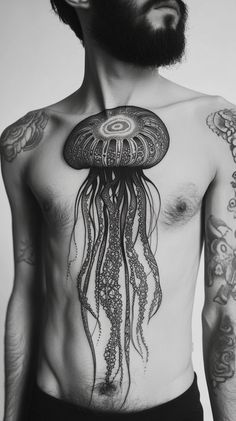 a shirtless man with an octopus tattoo on his chest