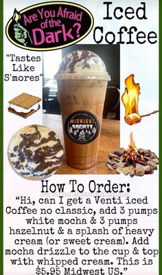 an advertisement for iced coffee with different types of ice cream and toppings on it