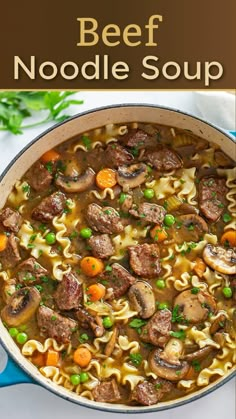 beef noodle soup in a pot with carrots and peas