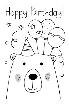 a bear with balloons and stars on his head is shown in this happy birthday card