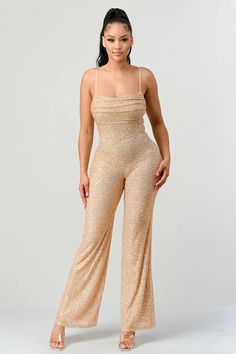 Add some glamour to your wardrobe with this luxurious Gold Sequin Cowl Neck Jumpsuit from our fashion brand. Carefully crafted from the fluid metallic thread, this one-piece oozes opulence and femininity. Its cowl neckline adds a further touch of elegance whilst the gold sequins add a dazzling finish that will make heads turn. The ruched waistband nips you in for a flattering look that's perfect for any special occasion. Add some serious sparkle to your wardrobe with this shimmering jumpsuit. Go Cowl Neck Jumpsuit, Gold Jumpsuit, Suit Black, Dream Wedding Ideas, Gold Sequins, Cowl Neckline, Gold Shimmer, Gold Sequin, Jumpsuit Fashion