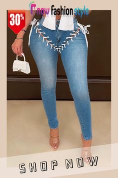 Blue Fashion Casual Solid Bandage Hollowed Out Split Joint High Waist Regular Denim Jeans Spring Denim Bottoms With Splicing Details, Spring Denim Bottoms With Splicing, Autumn Blue, Short Bodycon Dress, Denim Chic, Top Pants Set, Jeans Material, Jeans Size Chart, Womens Clothing Stores