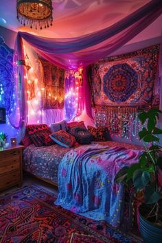 a bedroom with purple and pink decor on the walls, bedding and rugs