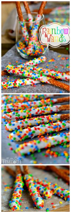 Fun and easy, these Rainbow Pretzel Wands take just minutes to make and are perfectly scrumptious! | MomOnTimeout.com Party Snacks Kids, Pretzel Wands, Snacks Kids, Rainbow Treats, Trolls Birthday Party, Kids Treat, Diy Rainbow, Kids Party Food