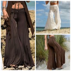 Fitted Harem Pants For Summer Festivals, Fitted Harem Pants For Spring Beach Outings, Hippie Style Wide Leg Brown Bottoms, Brown Wide Leg Hippie Bottoms, High-waisted Pants For Festival, Fitted Yoga Pants With Elastic Waistband For Summer, Baggy High Waist Pants For The Beach, Baggy High-waist Beach Pants, Baggy High Waist Beach Pants