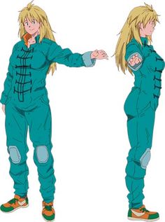 an anime character with blonde hair and blue jumpsuits standing in front of each other