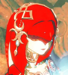 an anime character wearing a red helmet with horns on his head and eyes wide open