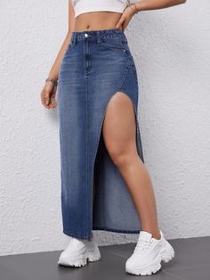 Washed Cat Whisker Split Denim Skirt Blue Casual   Denim Plain Slit Non-Stretch  Women Clothing, size features are:Bust: ,Length: ,Sleeve Length: Jean Crochet, Split Denim Skirt, Denim Skirt Outfits, Cat Whiskers, Moustaches, Denim Skirt Women, Jeans Rock, Casual Denim, Crochet Fashion