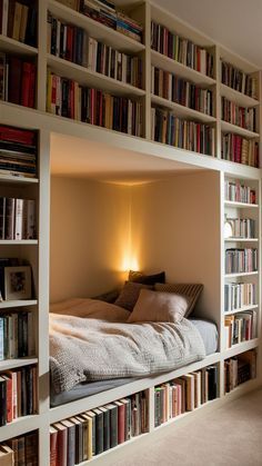 there is a bunk bed in the middle of bookshelves