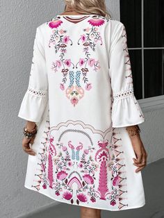 Women's 2024 Boho Dress Sexy V-Neck Tribal Western Print Ruff Sleeve Dress Stretch V-neck Mini Dress For Vacation, White Stretch Bohemian Dress, Bohemian Mini Stretch Dresses, White V-neck Printed Mini Dress, V-neck Stretch Dress For Vacation, V-neck Vacation Dress With Stretch, Vacation V-neck Stretch Dress, Bohemian Stretch Mini Dress, Bohemian Mini Dress With Stretch