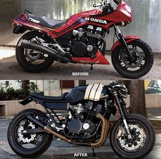 the before and after shots of a motorcycle