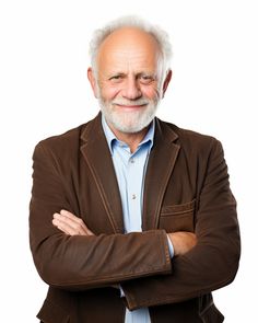 an older man with white hair and beard wearing a brown jacket is smiling at the camera