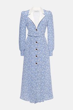 CLOVER PRINT SILK DRESS WITH MIKADO COLLAR, BELT Clover Print, Print Silk Dress, Midi Dress Blue, Silk Print Dress, Dolce E Gabbana, Vestido Casual, Blue Midi Dress, Printed Midi Dress