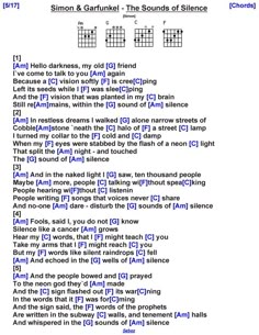 the guitar chords for simon & garfner - the sounds of silence, which are highlighted in blue