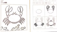 an open book with pictures of crabs and other things to draw on the pages in it