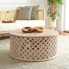 a living room with a couch, coffee table and potted plant