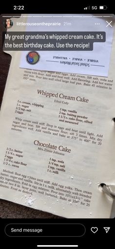 a menu for whipped cream cake on a table