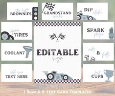 printable race car birthday party signs and place cards for your little boy or girl