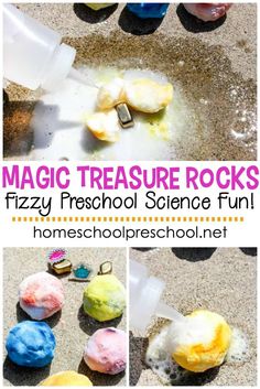 there are many different colored rocks in the sand with text overlay that says, magic treasure rocks fizzy preschool science fun