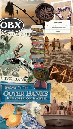 collage of various images with people and surfboards in the background, including an advertisement for outer banks paradise on earth