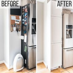 before and after photos of a refrigerator in the kitchen with magnets on it's door