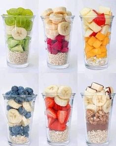 six cups filled with different types of fruits and cereals in each cup are shown