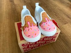 Each pair is hand-painted and sprayed with a protective coating to limit dirt and fade damage. PLEASE NOTE: This listing is only toddler sizes 2-10. Hand Painted Shoes Ideas Design, Painted White Vans, Hand Painted Shoes Ideas, Canvas Shoes Painting, Painted Baby Shoes, Toddler Ice Cream, Vans Painted Shoes Ideas, Donut Shoes, Custom Painted Vans