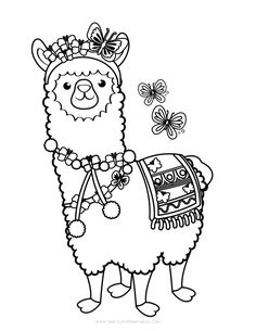 a llama with a butterfly on it's head and some beads around its neck