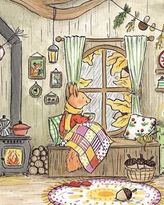 a drawing of a rabbit sitting in front of a window