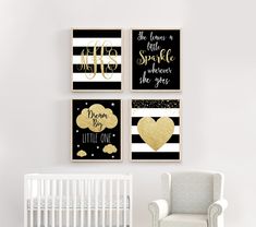 three black and gold wall art pieces in a baby's room with a white crib