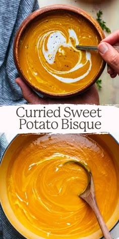 A pin with two images, the top image is hands holding a wooden bowl and a spoon with orange sweet potato soup and a swirl of coconut milk in it. The bottom image is a white pot with sweet potato bisque and a wooden ladle in it. In the center of the two images are the words "curried sweet potato bisque". Vegetarian Bisque Soup Recipes, Curried Sweet Potato And Peanut Soup, Dairy Free Sweet Potato Soup, Soup Sweet Potato Carrot, Soup With Yams, Sweet Potato And Apple Soup, Sweet Potato Bisque Soup, Vegan Sweet Potato Soup Recipes, Vegan Winter Soups