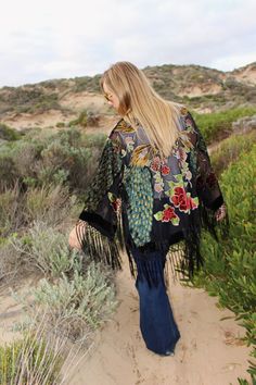 Bohemian Girlfriend Gift - Bridesmaid Silk Kimono Robes - Silk Kimono For Gift - Velvet Kimono Jacke Peacock Kimono, Robes Silk, Gilded Cage, Haute Bohemian, Festival Jacket, Kimono Coat, Velvet Kimono, Fringe Kimono, Kimono Robes