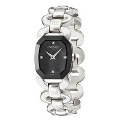 A Shapelier Silhouette Offers A Graceful Finish To Escada's Charlene Ii Watch Collection. Stainless Steel Link Bracelet With Engraved Logos. Octagonal Case, 23x25mm, Black Bezel. Black Dial With 4 Diamond Markers, Silver-Tone Hands And Logo. Swiss Quartz Movement. Water Resistant To 30 Meters. Case Diameter 25 X 22 Millimeters Case Thickness 8 Millimeters Band Material Stainless Steel Band Length Women's Standard Band Width 18 Millimeters Margaretha And Wolfgang Ley Debuted Their Company In The Black Watches With Palladium Hardware, Elegant Formal Jewelry With Silver-tone Hardware, Elegant Black Watch With Polished Finish, Elegant Silver Watch With Palladium Hardware, Black Polished Finish Watch For Evening, Black Evening Watch With Polished Finish, Brown Leather Strap, Engraved Logo, Stainless Steel Band