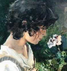 a painting of a woman with flowers in her hair looking down at the ground and to her left