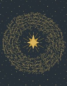 a star surrounded by writing on a dark blue background with stars in the sky behind it