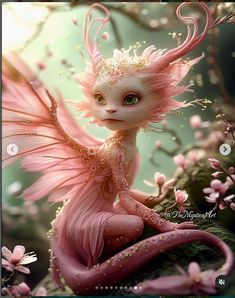 a pink fairy doll sitting on top of a tree branch with lots of flowers around it