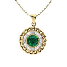 This sublime pendant has a mesmerizing design that makes it look oh-so-desirable. A beautiful link design, clear baguette diamonds, and a sparkling round Emerald in 18k Yellow Gold form the three concentric layers of this pendant, which is a sublime mix of metallic shine, glassy scintillation, and colorful radiance. The Anabelle is an artistic combination of thoughtfulness and aesthetic brilliance that shall beautifully compliment your personality. Natural Emerald Rings, Link Design, Baguette Diamonds, Emerald Pendant, Vs Diamond, Emerald Necklace, Birthstone Pendant, Unique Necklace, Unique Pendant