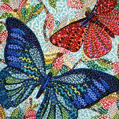 two colorful butterflies sitting on top of a flowery branch in the middle of a painting