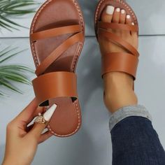 Beautiful Triple Strap Slide Sandals Casual Open Toe Toe Ring Sandals, Synthetic Toe Ring Sandals For The Beach, Trendy Brown Toe Loop Sandals, Casual Brown Flat Toe Ring Sandals, Toe Loop Wedge Sandals For Spring Vacation, Toe Loop Wedge Sandals For Vacation In Spring, Italian Leather Sandals, Gold Flat Sandals, Pink Crocs