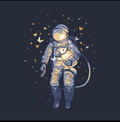 an astronaut with butterflies in the background