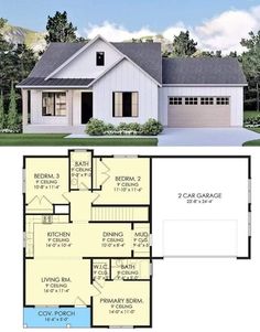 the floor plan for a house with two garages and an open living area in it