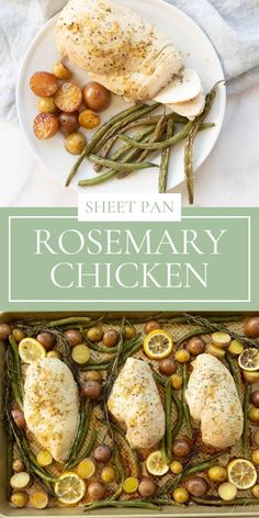 sheet pan rosemary chicken with green beans and lemons in it on a white plate