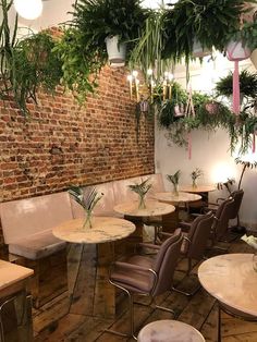 a restaurant with tables, chairs and plants hanging from the brick wall above them is shown