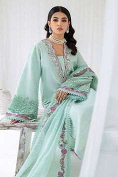 Mint Aqua Pakistani Salwar Suit with Embroidered Salwar Kameez Dupatta exquisite silver embellishments with colored sequence and crystals along the neckline. Salwar Suits, Salwar Kameez, Mint, Dresses, Silver, Color