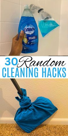 a hand holding a blue cloth over a toilet with the words 30 random cleaning hacks