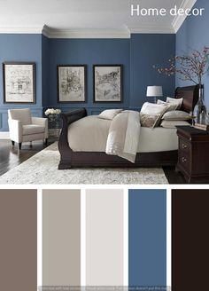 a bedroom with blue walls and furniture in the color scheme, along with neutrals