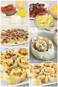 several pictures of different types of food on plates and in pie pans, including eggs, bacon, ham, cheese, and bread