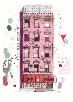 a drawing of a pink building with lots of windows