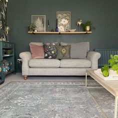 a living room filled with furniture and lots of green plants on top of the shelves