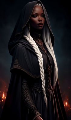 a woman dressed in black with white braids